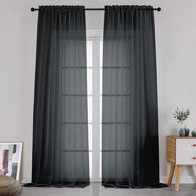 Simplebrand Black Sheer Curtains 120 Inches Long, Extra Long Rod Pocket Solid by Simplebrand