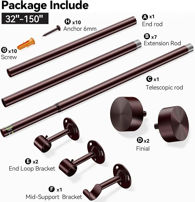 YaFex Heavy Duty Curtain Rods 32-150 Inch, 1 Inch Adjustable Bronze Curtain Rod - Image 9