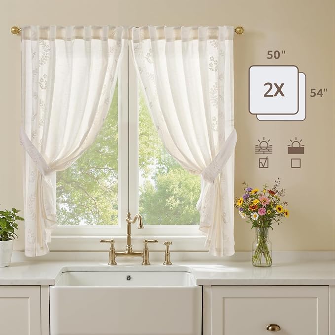jinchan Belrose Linen Floral Cafe Curtains 54 Inch Length Embroidered Farmhouse - Image 5