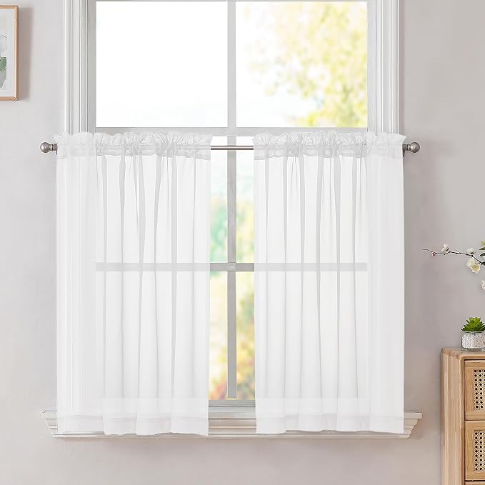 Simplebrand White Short Sheer Kitchen Cafe Curtains 36-42 Inch, Tier Rod Pocket by Simplebrand
