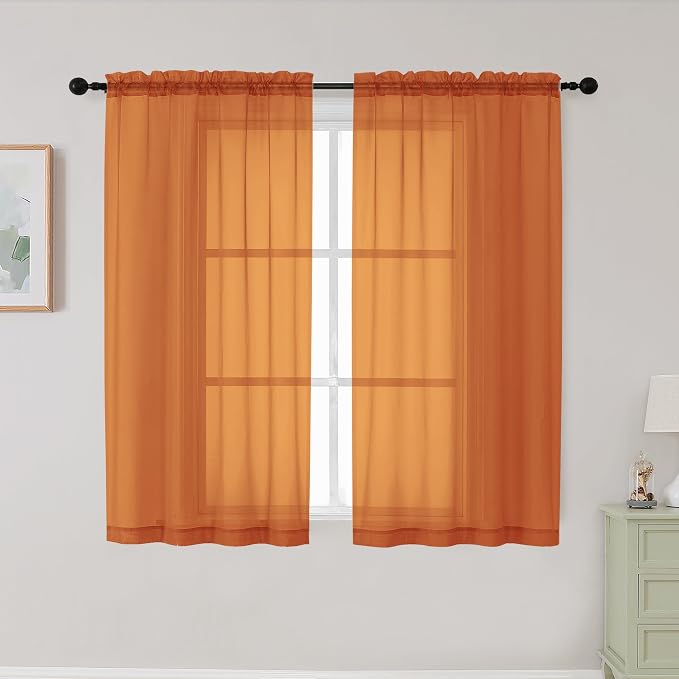Orange Sheer Curtains for Bedroom Living Room 45 Inch Length 2 Panels, Soft by WelvetBLK