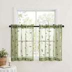 MIULEE Sage Green Sheer Curtains 2 Panels Embroidered Leaf Patterned Rod Pocket - Image 2