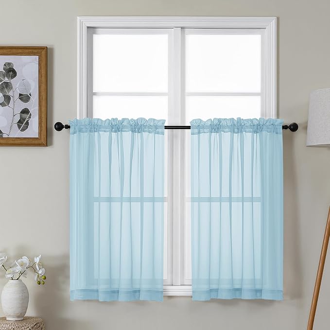Gwine Sky Blue Sheer Kitchen Curtains 36 Inch Length, Light Filtering Voile by Gwine
