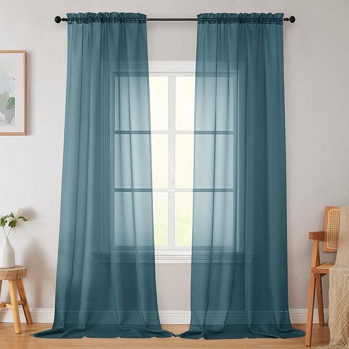 Dusty Blue Sheer Curtains for Bedroom Living Room 96 Inches Long 2 Panels by WelvetBLK