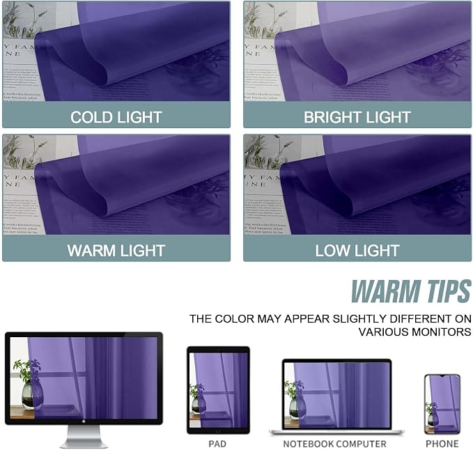 Purple Valances for Windows 14 inch Length 2 Panels Set, Small Voile Sheer - Image 7