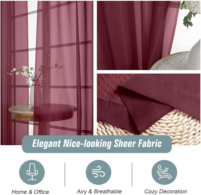 Burgundy Sheer Curtains 120 Inches Long 2 Panels, Extra Long Light Filtering - Image 4