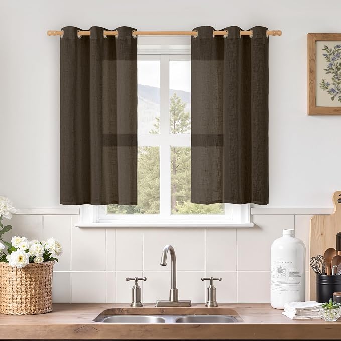 LAMIT 40 Inch Linen Curtains for Kitchen Windows, Semi Sheer Light Filtering by LAMIT