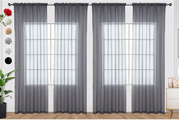 SpaceDresser Grey Sheer Curtains 4 Panels Rod Pocket Semi-Sheer Curtain 96 by SpaceDresser