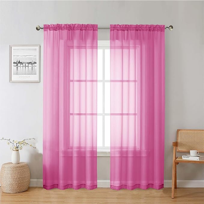 Lecloud Hot Pink Sheer Curtains 78 Inches Long 2 Panels, Rod Pockets Solid by Lecloud