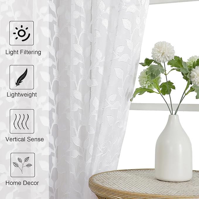 Chyhomenyc White Sheer Curtains 63 Inch Length 2 Panels Set, Light Filtering - Image 3