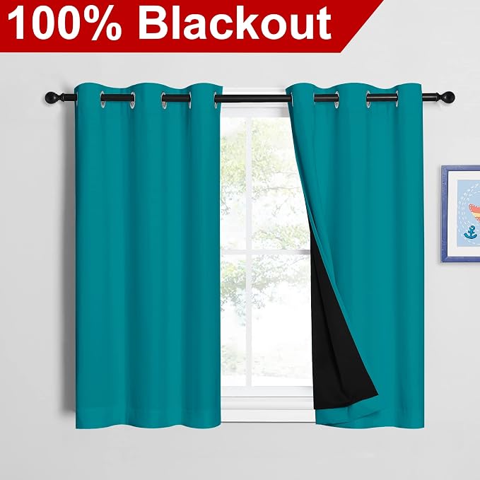 NICETOWN Peacock Teal 100% Blackout Curtains 45 inches Long, 2 Thick Layers - Image 2
