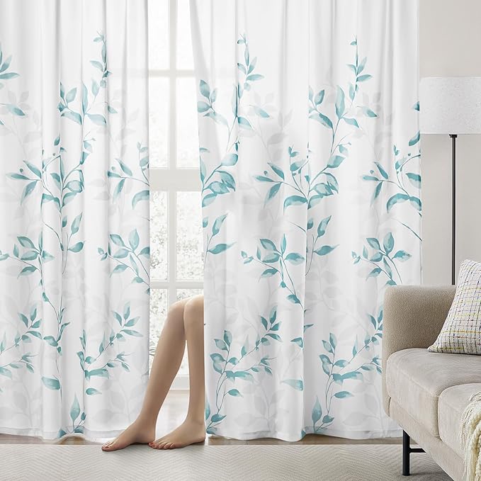 HOMEIDEAS Non-See-Through Teal and White Privacy Sheer Curtains 52 X 84 Inch - Image 2