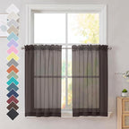 OVZME Brown Sheer Curtains 36 inches Long, Short Kitchen Window Treatment Solid by OVZME