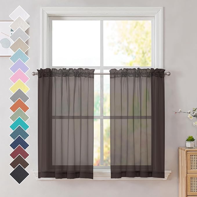 OVZME Brown Sheer Curtains 36 inches Long, Short Kitchen Window Treatment Solid by OVZME