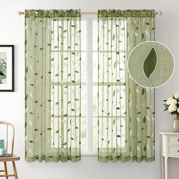 MIULEE Sage Green Sheer Curtains 2 Panels Embroidered Leaf Patterned Rod Pocket - Image 2