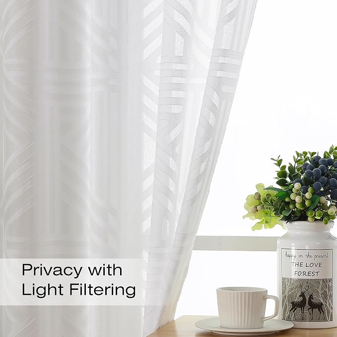 Simplebrand Semi Sheer White Curtains 63 Inch Length 2 Panels, Light Filtering - Image 2