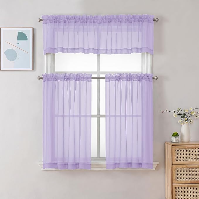 Gwine Lilac Sheer Curtain Tiers 24 Inch Length, Light Filtering Voile Short - Image 2