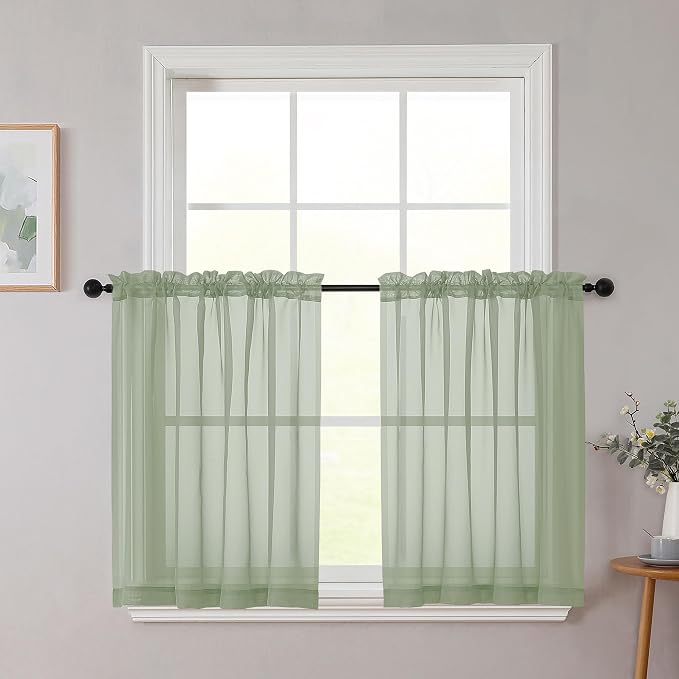 Sage Green Kitchen Curtains 30 Inch Length Tier 2 PCS, Solid Soft Half Curtains by WelvetBLK