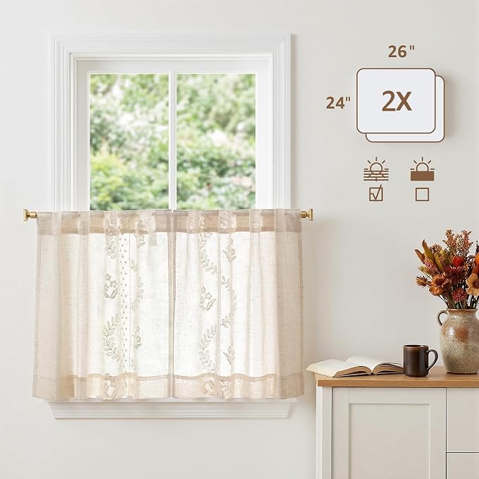 jinchan Belrose Linen Floral Kitchen Curtains 24 inch Length Embroidered - Image 5