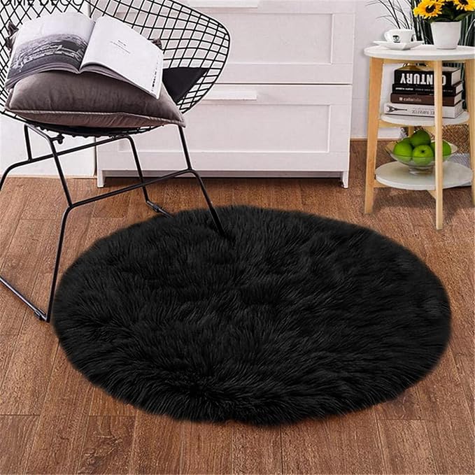 Goolela Black Round Rug 3ft Fluffy Fuzzy Sheepskin Rug Black Circle Faux Fur Rug by Goolela