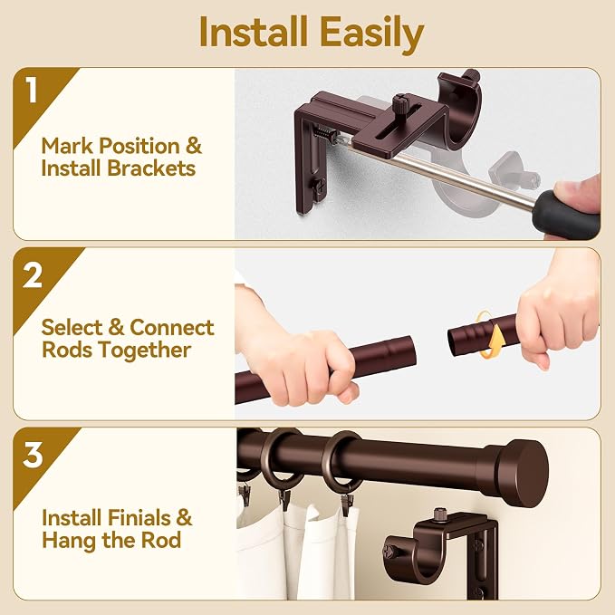 YaFex Curtain Rods 2 Pack 32-58 Inch, Heavy Duty 1 Inch Curtain Rod, Bronze - Image 8