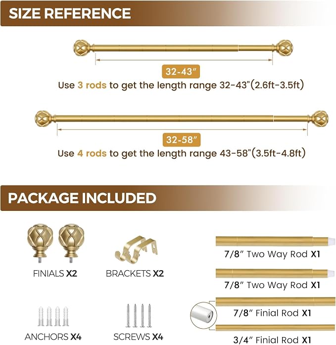 KAMANINA Gold Curtain Rod 32 to 58 Inch, 7/8 Inch Single Adjustable Curtain Rods - Image 9