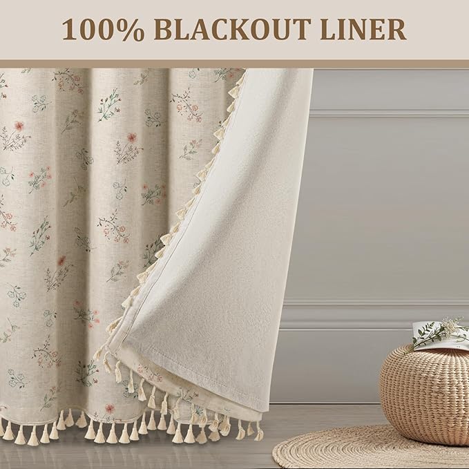 Boho Floral 100% Blackout Curtains 63 Inch Length 2 Panels Set, Linen Texture - Image 6