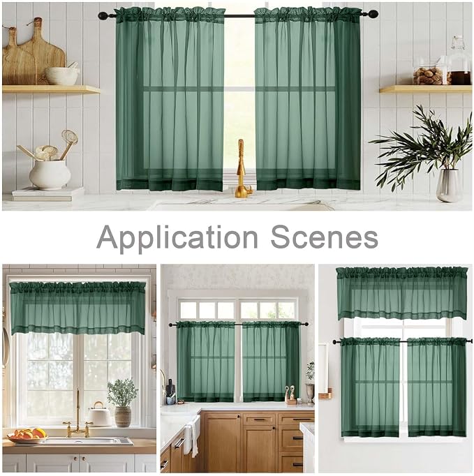 Kitchen Curtains 24 Inch Length Tier 2 Pieces, Hunter Green Sheer Curtain Solid - Image 6