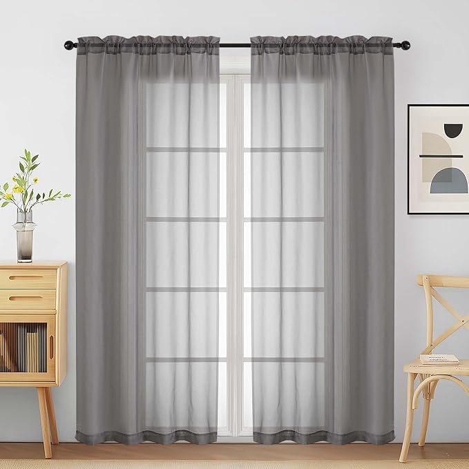 Grey Sheer Curtains for Window 72 inches Long 2 Panels Set, Soft Airy Modern by Home