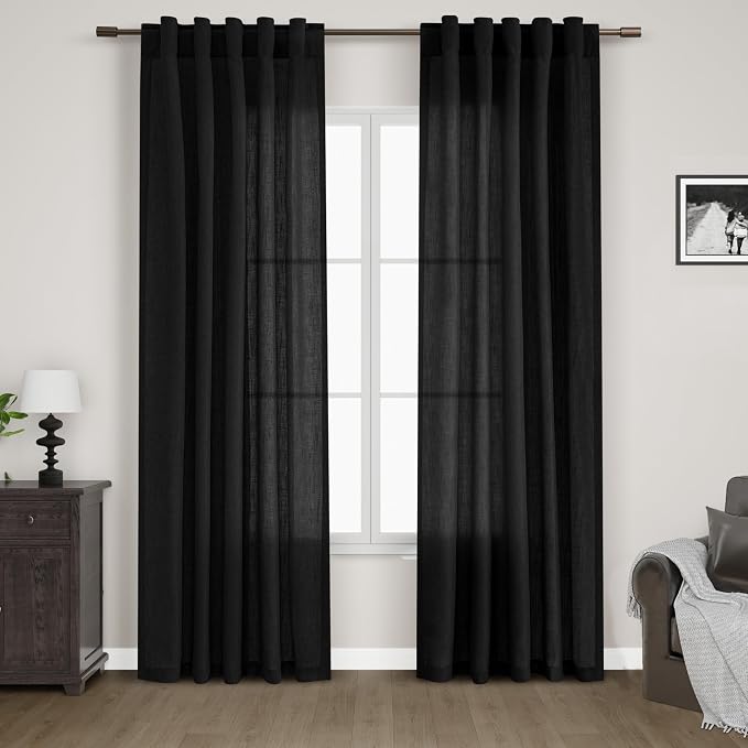 Black Linen Blend Drapes 84 Inch Length 2 Panels Set Back Tab Rod Pocket Light by Nanspring