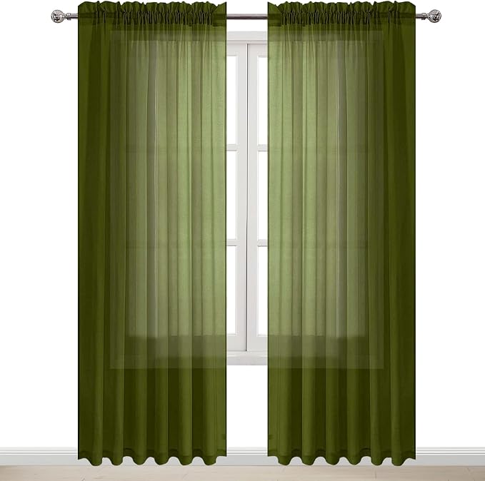 DWCN Olive Green Sheer Curtains Semi Transparent Voile Rod Pocket Curtains by DWCN