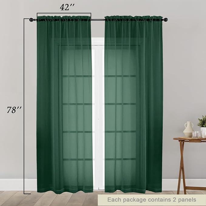 Hunter Green Sheer Curtain for Bedroom Living Room 78 Inches Long 2 Panels Set - Image 2