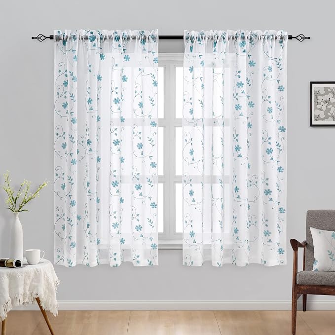 HOMEIDEAS White and Blue Embroidered Floral Sheer Curtains 63 Inch Length 2 - Image 2
