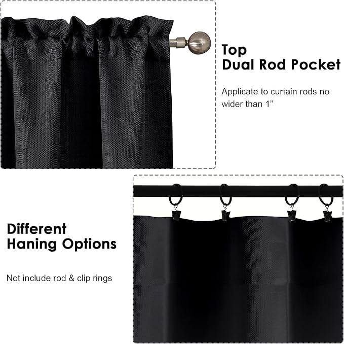 OWENIE Bob Valance Curtains 18 Inch Length 1 Piece, Faux Linen Slub Solid Black - Image 4