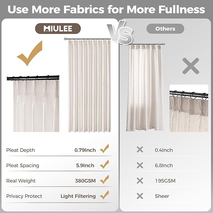 MIULEE Pinch Pleated Thick Linen Curtains 100 Inches Long 2 Panels - Image 6