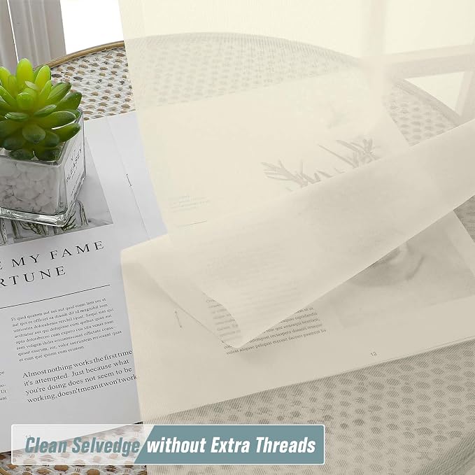 Cream Sheer Curtains 90 Inches Long 2 Panels, Light Filtering Solid Sheer - Image 2