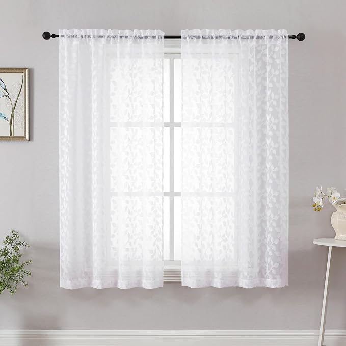Chyhomenyc White Short Curtains 45 Inch Length 2 Panels, Light Filtering Leaf by Chyhomenyc
