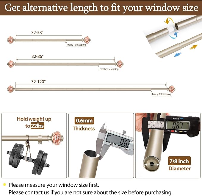 Curtain Rods 32 to 58 Inches, USFOOK 7/8 InchTelescoping Splicing Drapery Rods - Image 6