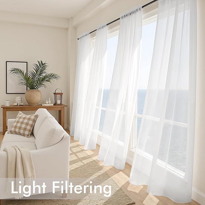 MIULEE White Sheer Curtains 96 Inches Long, 4 Panels Set, Light Filtering Rod - Image 4