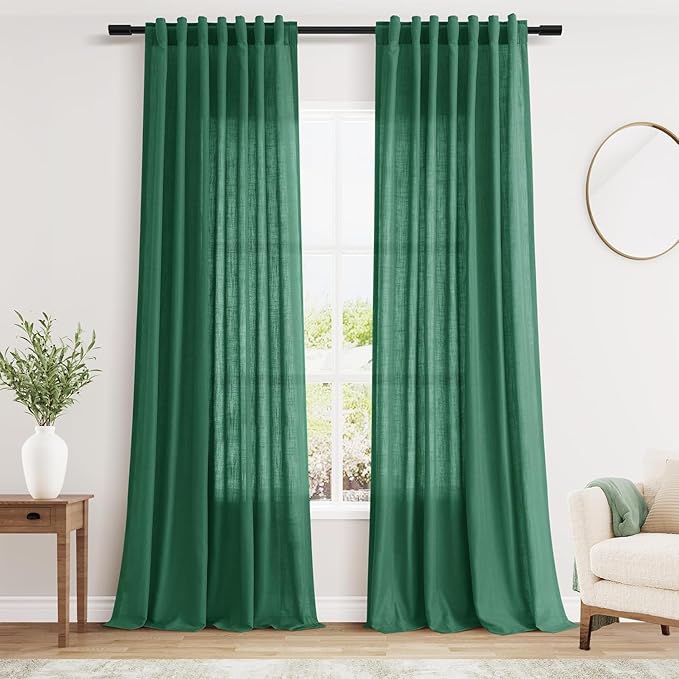 Dark Green Linen Curtains 102 Inches Long Rod Pocket Back Tab Drapes 2 Panels by Nanspring