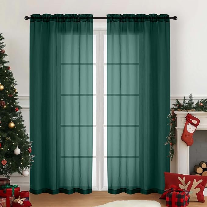 Green Sheer Curtains for Window 72 inches Long 2 Panels, Soft Airy Light by Home