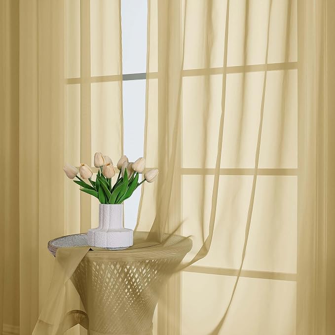 Lecloud Gold Sheer Curtains 63 Inch Length 2 Panels, Rod Pockets Window - Image 6