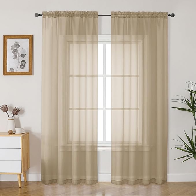 Gwine Taupe Sheer Curtains 84 Inches Long 2 Panels Set by Gwine