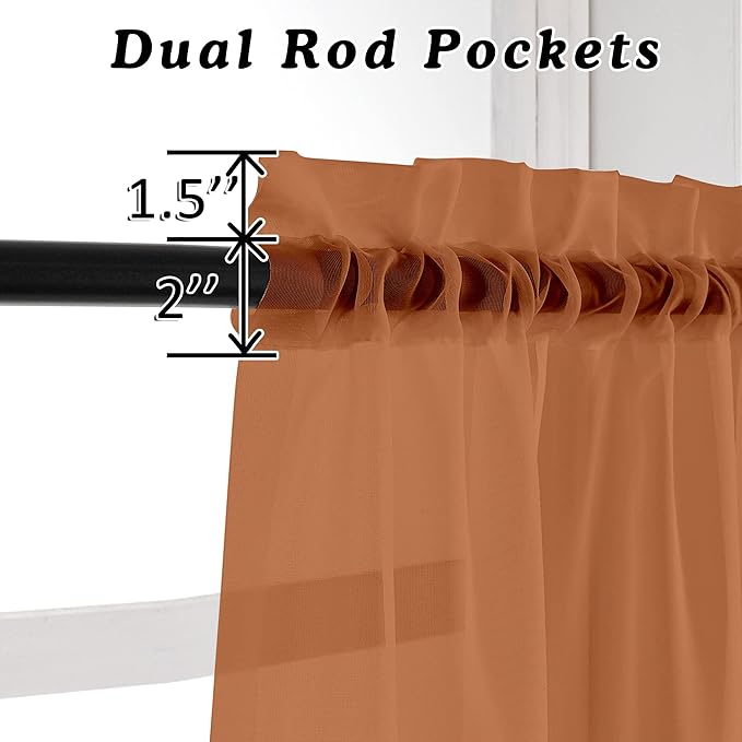 OVZME Orange Sheer Curtains 63 inch Length 2 Panels - Image 3