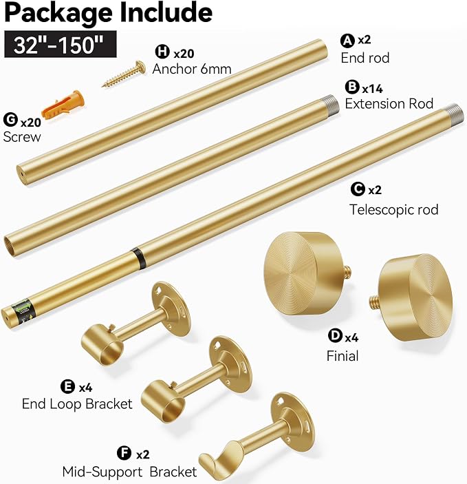 YaFex 2 Pack Heavy Duty Curtain Rods 32-150 Inch, 1 Inch Adjustable Gold - Image 7