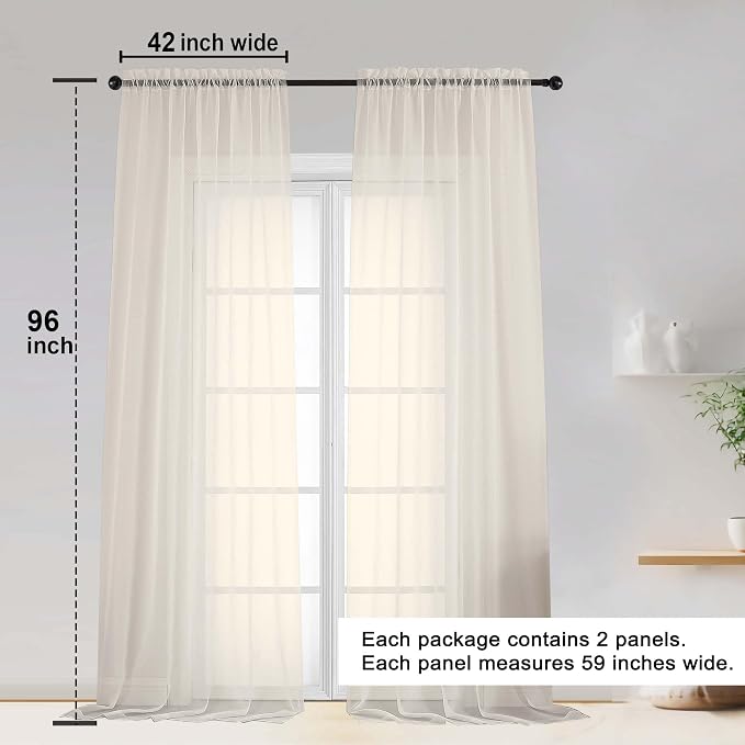 OWENIE Cream Sheer Curtain 96 Inch Long 2 Panels Set, Light Filtering Clear Rod - Image 2