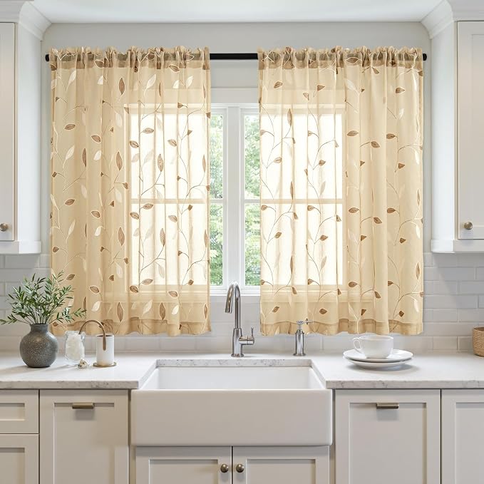 MIULEE Khaki Sheer Curtains 2 Panels Embroidered Leaf Patterned Rod Pocket - Image 2