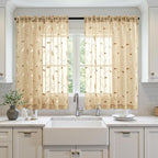 MIULEE Khaki Sheer Curtains 2 Panels Embroidered Leaf Patterned Rod Pocket - Image 2