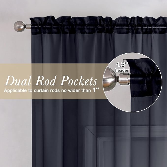 Lecloud Black Sheer Curtains 63 Inch Length 2 Panels, Elegant Voile Drapes - Image 2