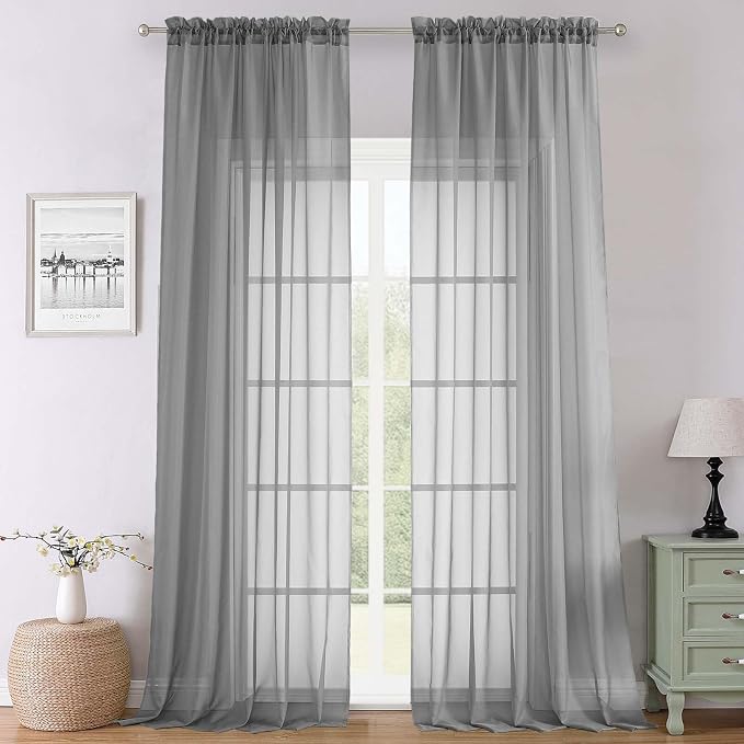 Lecloud Charcoal Grey Sheer Curtains 120 Inches Long 2 Pcs, Light Filtering Rod by Lecloud